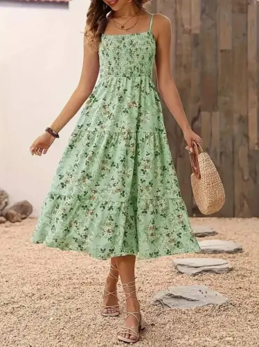 Kadın Ip Askılı Geniş V Yakalı Desenli Uzun Süprem Elbise - BÜYÜKBEDENIZ (1)