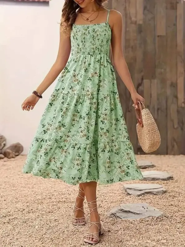 Kadın Ip Askılı Geniş V Yakalı Desenli Uzun Süprem Elbise - 2