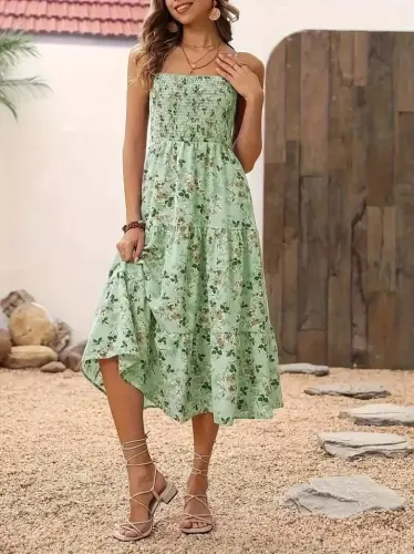 Kadın Ip Askılı Geniş V Yakalı Desenli Uzun Süprem Elbise - 3