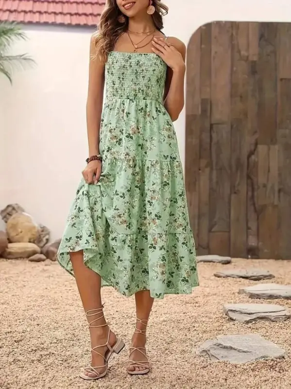 Kadın Ip Askılı Geniş V Yakalı Desenli Uzun Süprem Elbise - 3