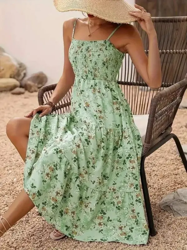 Kadın Ip Askılı Geniş V Yakalı Desenli Uzun Süprem Elbise - BÜYÜKBEDENIZ