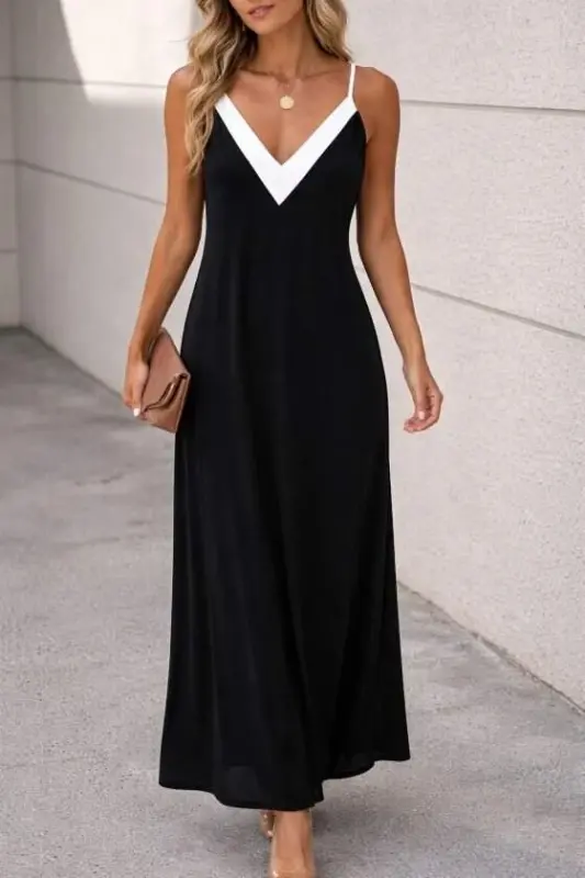 Kadın Ip Askılı Keskin V Yakalı Uzun Viskon Elbise - BÜYÜKBEDENIZ