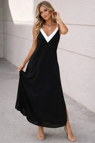 Kadın Ip Askılı Keskin V Yakalı Uzun Viskon Elbise - 3