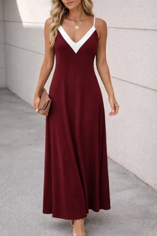 Kadın Ip Askılı Keskin V Yakalı Uzun Viskon Elbise - BÜYÜKBEDENIZ