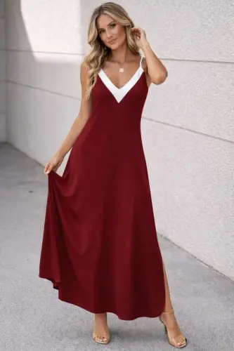 Kadın Ip Askılı Keskin V Yakalı Uzun Viskon Elbise - BÜYÜKBEDENIZ (1)