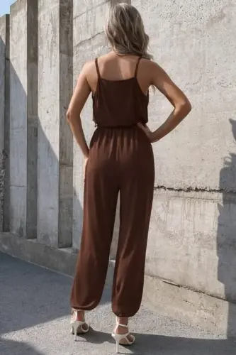 Kadın Ip Askılı Kruvaze Yakalı Belden Kuşaklı Uzun Sandy Tulum - 3