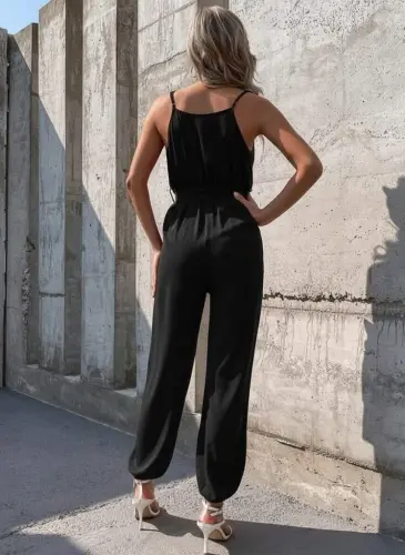 Kadın Ip Askılı Kruvaze Yakalı Belden Kuşaklı Uzun Sandy Tulum - 2