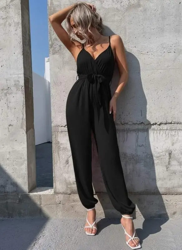 Kadın Ip Askılı Kruvaze Yakalı Belden Kuşaklı Uzun Sandy Tulum - BÜYÜKBEDENIZ