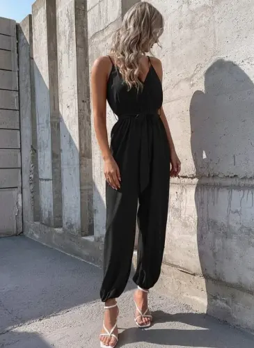 Kadın Ip Askılı Kruvaze Yakalı Belden Kuşaklı Uzun Sandy Tulum - 4