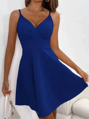 Kadın Ip Askılı Kruvaze Yakalı Kısa ıthal Krep Elbise - 2