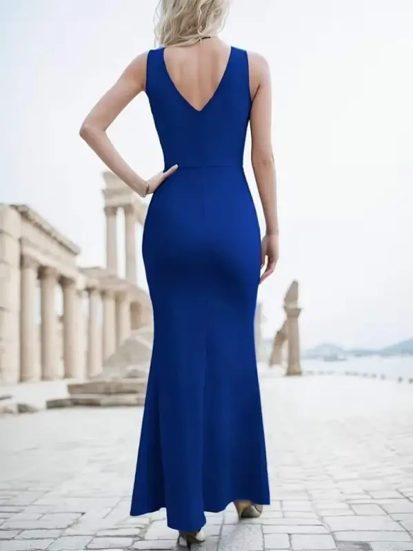 Kadın Ip Askılı Kruvaze Yakalı Yırtmaçlı Uzun Ithal Krep Elbise - 3