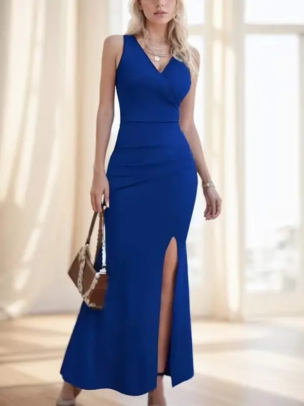 Kadın Ip Askılı Kruvaze Yakalı Yırtmaçlı Uzun Ithal Krep Elbise - 4