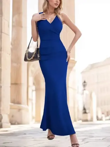 Kadın Ip Askılı Kruvaze Yakalı Yırtmaçlı Uzun Ithal Krep Elbise - 5