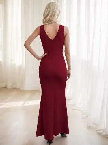 Kadın Ip Askılı Kruvaze Yakalı Yırtmaçlı Uzun Ithal Krep Elbise - 3