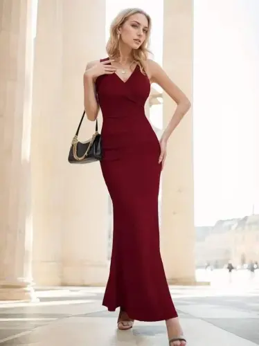 Kadın Ip Askılı Kruvaze Yakalı Yırtmaçlı Uzun Ithal Krep Elbise - 4