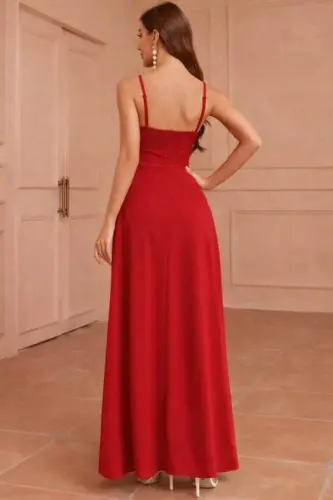 Kadın Ip Askılı Kruvaze Yakalı Yırtmaçlı Uzun Ithal Krep Elbise - 3