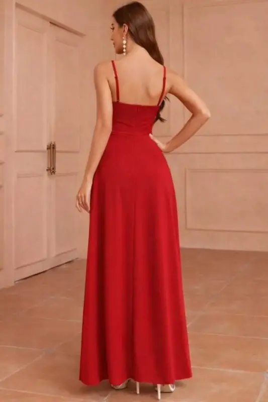 Kadın Ip Askılı Kruvaze Yakalı Yırtmaçlı Uzun Ithal Krep Elbise - 3