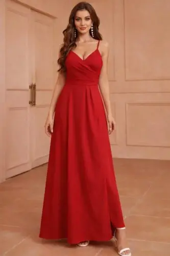 Kadın Ip Askılı Kruvaze Yakalı Yırtmaçlı Uzun Ithal Krep Elbise - BÜYÜKBEDENIZ (1)