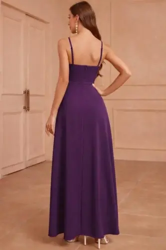 Kadın Ip Askılı Kruvaze Yakalı Yırtmaçlı Uzun Ithal Krep Elbise - 3