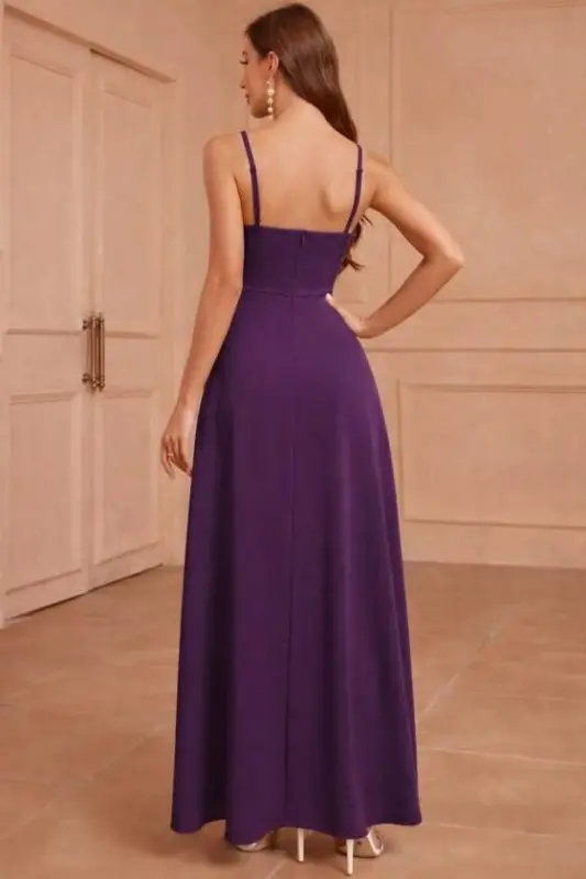 Kadın Ip Askılı Kruvaze Yakalı Yırtmaçlı Uzun Ithal Krep Elbise - 3