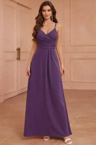 Kadın Ip Askılı Kruvaze Yakalı Yırtmaçlı Uzun Ithal Krep Elbise - BÜYÜKBEDENIZ (1)