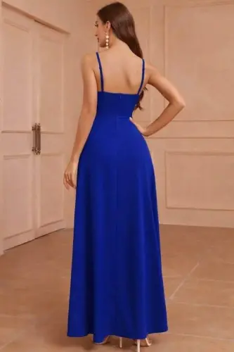 Kadın Ip Askılı Kruvaze Yakalı Yırtmaçlı Uzun Ithal Krep Elbise - 3