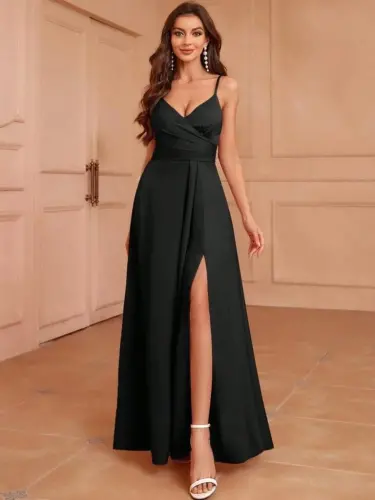 Kadın Ip Askılı Kruvaze Yakalı Yırtmaçlı Uzun Ithal Krep Elbise - 5