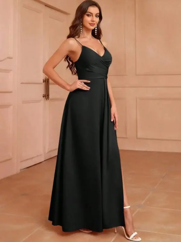 Kadın Ip Askılı Kruvaze Yakalı Yırtmaçlı Uzun Ithal Krep Elbise - 7