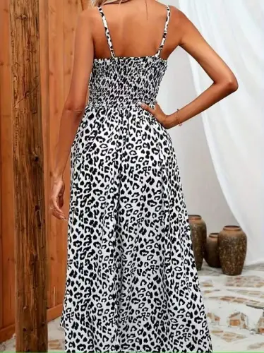 Kadın Ip Askılı Kruvazeli Yakalı Beli Lastikli Leopar Desenli Uzun Süprem Elbise - 3