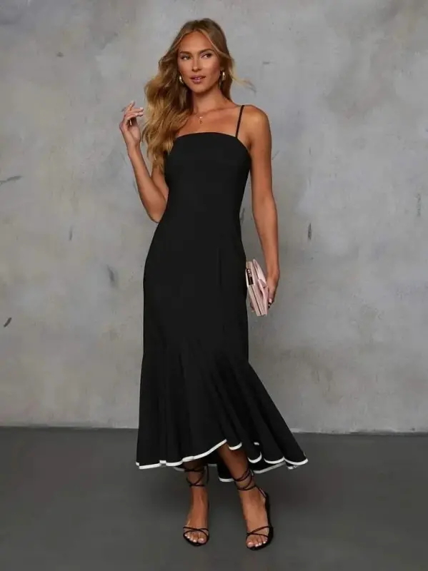 Kadın Ip Askılı Straplez Kesim Detay Maksi Boy Janjan Krep Elbise - 1