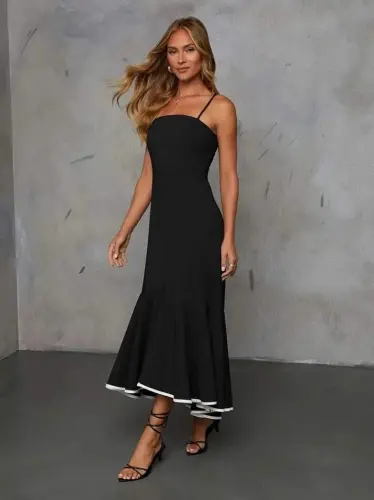 Kadın Ip Askılı Straplez Kesim Detay Maksi Boy Janjan Krep Elbise - 4