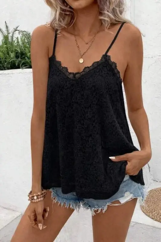 Kadın Ip Askılı V Dantel Yakalı Dantel Bluz - BÜYÜKBEDENIZ