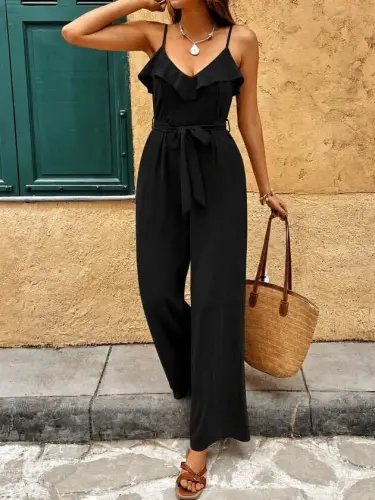 Kadın Ip Askılı V Fırfır Yakalı Beli Kuşaklı Uzun Sandy Tulum - BÜYÜKBEDENIZ (1)