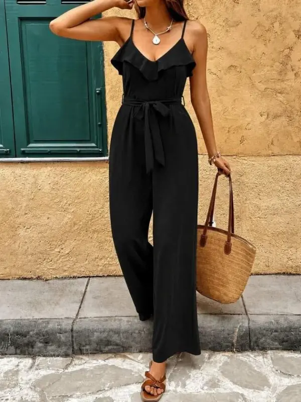 Kadın Ip Askılı V Fırfır Yakalı Beli Kuşaklı Uzun Sandy Tulum - 2