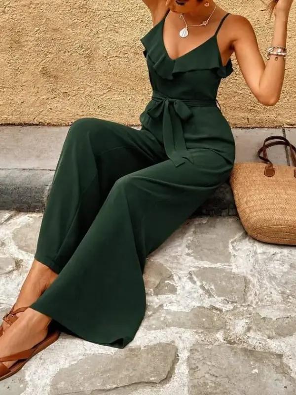 Kadın Ip Askılı V Fırfır Yakalı Beli Kuşaklı Uzun Sandy Tulum - BÜYÜKBEDENIZ