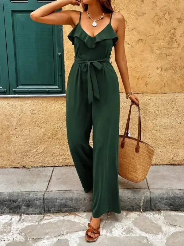 Kadın Ip Askılı V Fırfır Yakalı Beli Kuşaklı Uzun Sandy Tulum - 2