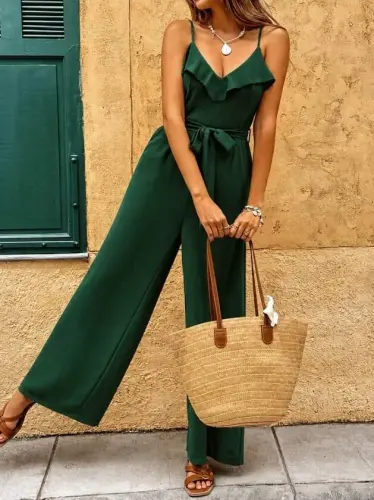 Kadın Ip Askılı V Fırfır Yakalı Beli Kuşaklı Uzun Sandy Tulum - 4
