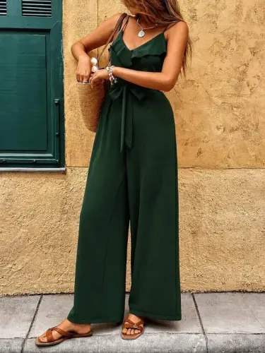 Kadın Ip Askılı V Fırfır Yakalı Beli Kuşaklı Uzun Sandy Tulum - 5