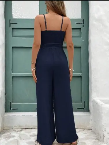 Kadın Ip Askılı V Yakalı Belden Kuşaklı Uzun Aerobin Tulum - 4