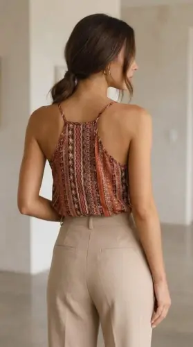 Kadın Ip Askılı V Yakalı Desenli Süprem Bluz - 7