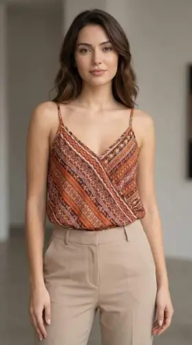 Kadın Ip Askılı V Yakalı Desenli Süprem Bluz - 8