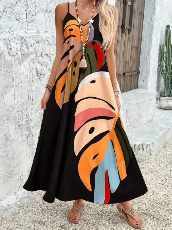 Kadın Ip Askılı V Yakalı Desenli Süprem Maxi Elbise - 3