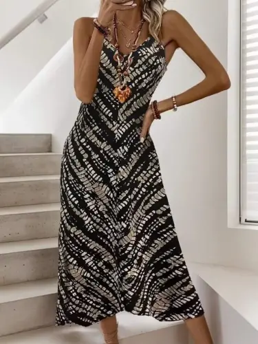 Kadın Ip Askılı V Yakalı Desenli Uzun Süprem Elbise - 1