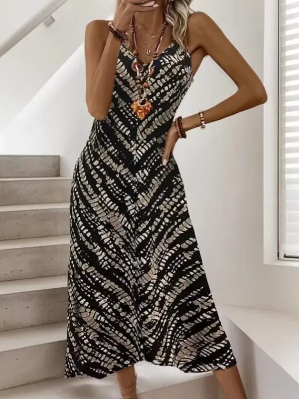 Kadın Ip Askılı V Yakalı Desenli Uzun Süprem Elbise - 1