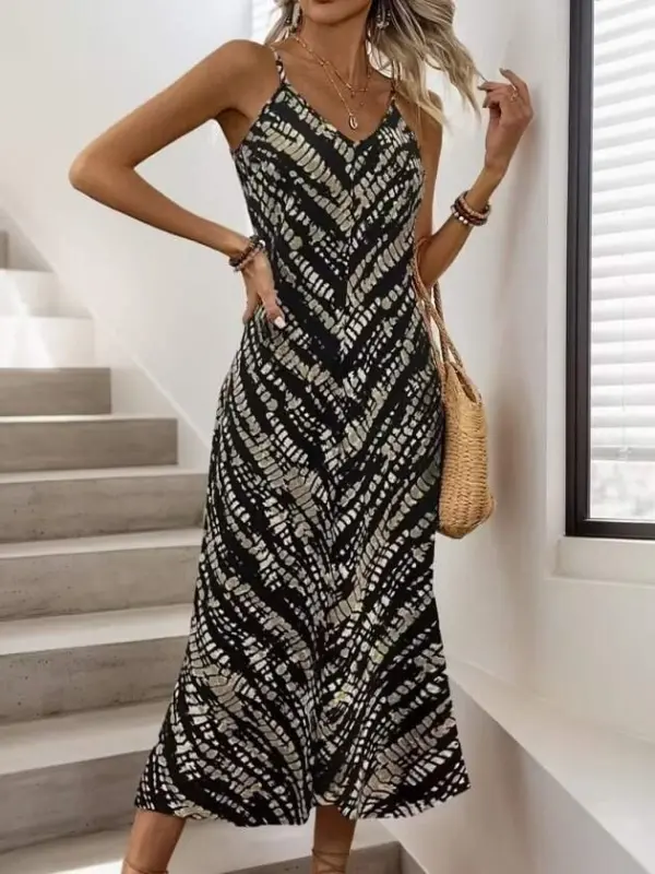 Kadın Ip Askılı V Yakalı Desenli Uzun Süprem Elbise - 2