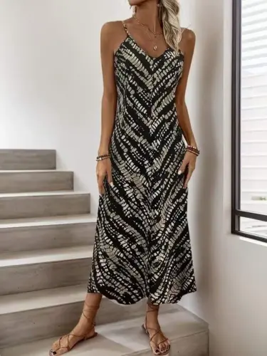 Kadın Ip Askılı V Yakalı Desenli Uzun Süprem Elbise - 3