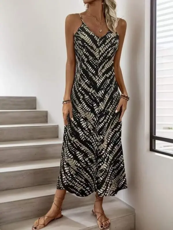 Kadın Ip Askılı V Yakalı Desenli Uzun Süprem Elbise - 3