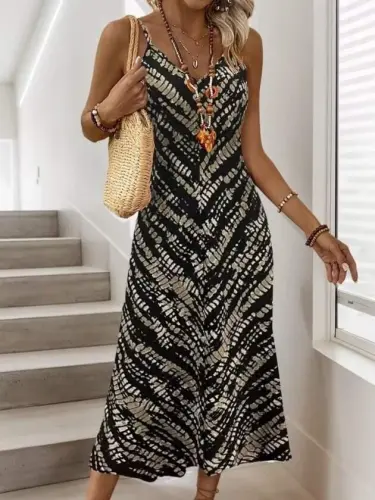 Kadın Ip Askılı V Yakalı Desenli Uzun Süprem Elbise - 4