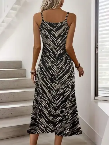 Kadın Ip Askılı V Yakalı Desenli Uzun Süprem Elbise - 5