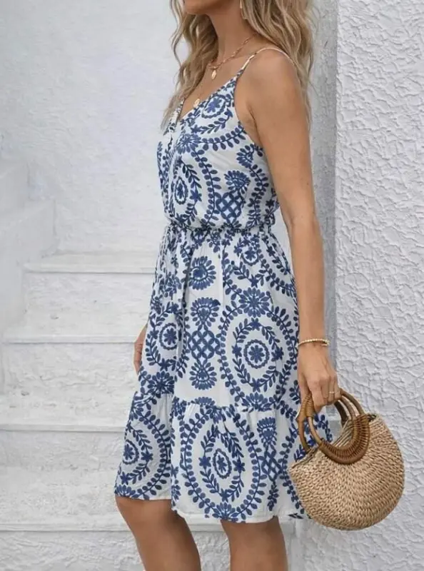 Kadın Ip Askılı V Yakalı Düğmeli Desenli Kısa Süprem Elbise - 2